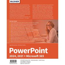 Text: PowerPoint 2024, 2021 + Microsoft 365. Oben links ein Logo mit der Aufschrift "BILDNER". Rechts eine lächelnde Person am Schreibtisch.
