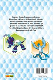 Ein Handbuch zu legendären Pokémon. Zwei Illustrationen: ein schildkrötenähnliches Wesen und ein blauer Vogel auf Wabenmuster.