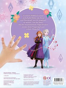 Text: "In diesem Malblock warten zauberhafte Bilder von Anna und Elsa darauf, von dir ausgemalt zu werden."  
Illustration: Anna und Elsa, Blumenmuster, Kinderhand mit Nagelstickern.
