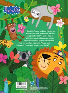 Begleite Peppa und ihre Familie im Zoo-Abenteuer. Tiere wie Affen, Löwe, Faultier und bunte Blumen sind umgeben von Dschungel.
