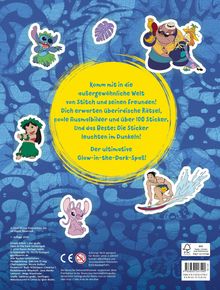 Gelber Kreis mit Text über Stiches Welt und Sticker, die im Dunkeln leuchten. Bunte Cartoon-Figuren umgeben den Text.