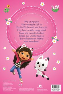 Text: "Wo ist Pandy? Wer versteckt sich in Kuchis Küche?" Illustration mit Mädchen und Katze auf pinkem Hintergrund, Blumen.