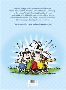 „Begleite Snoopy auf ein großes Wimmelabenteuer! Der Suchspaß für kleine und große Peanuts-Fans!“ zeigt fröhliche Comicfiguren.