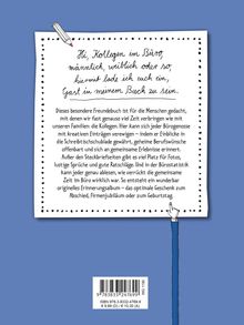 Der Text lädt Kollegen ein, Gäste in einem Buch zu sein. Ein humorvolles Design mit einem Stift oben und einer Hand unten.