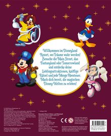 Text: "Willkommen im Disneyland Resort..." Charaktere: Zeichentrickfiguren von Disney auf einem lila Hintergrund mit gelben Sternen.
