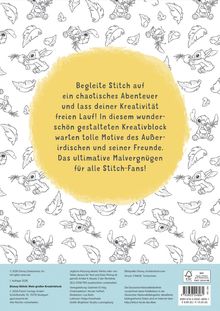 Eine gelbe Fläche mit Text beschreibt ein Abenteuer mit Stitch. Es gibt Schwarz-Weiß-Zeichnungen von Stitch und Blättern.