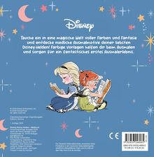 Ein blauer Hintergrund mit Sternen und zwei Disney-Figuren, die Bücher lesen. Text beschreibt ein Ausmalbuch-Erlebnis.