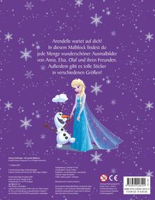 Arendelle wartet! Malblock mit Bildern von Anna, Elsa, Olaf. Enthält Sticker. Hintergrund in Lila mit Schneeflocken.