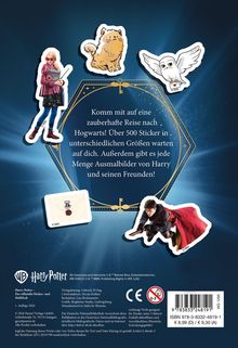 "Komm mit auf eine zauberhafte Reise nach Hogwarts! Über 500 Sticker... Ausmalbilder von Harry und seinen Freunden!"  
Sticker von Figuren und Tieren aus einem Fantasy-Universum.