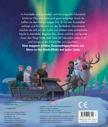 Text: "In Arendelle wird es dunkel... Polarlichter zum Leuchten!" Darunter sitzen Figuren in einem Schlitten vor Polarlichtern.