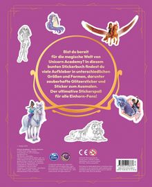 "Bist du bereit für die magische Welt von Unicorn Academy?" Mehrfarbige Aufkleber und Charaktere auf lilafarbenem Hintergrund.