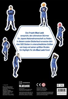 "Das Projekt Blue Lock" beschreibt ein Stickerbuch mit über 500 Stickern von Isagi und Rivalen. Figuren in Fußballkleidung sind abgebildet.
