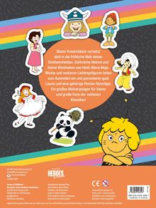 Dies ist ein Kreativblock voller Kindheitshelden. Illustrationen zeigen fröhliche Cartoon-Figuren mit einem nostalgischen Design.