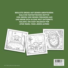 Text: "Begleite Grogu auf seinen Abenteuern! Male die fantastischen Motive aus und begib dich in eine weit entfernte Galaxis."  
Drei Illustrationen von Grogu sind zu sehen.