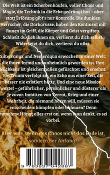 Text über eine chaotische Welt voller Magie, Kontrolle durch dunkle Herrscher, und Charaktere in einer düsteren Mission.