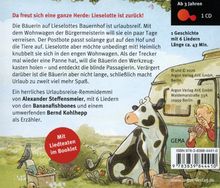 Ein Campingplatz mit einer Kuh und einer Person, die Karten spielt. Text über eine Geschichte mit Liedern von Alexander Steffensmeier.