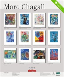Marc Chagall, 12 Gemälde, 2027 Kalender. Titel: Liebespaar, Uhr, Blumenstrauß, Trauer, Herz, Brautpaar.