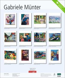 Gabriele Münter, 2027. Mehrere ihrer Gemälde sind in einem Kalender angeordnet, darunter Titel wie "Blumenbild" und "Gartentür."