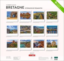"BRETAGNE STÜRMISCHE ROMANTIK" - Kalenderbilder mit Küsten und malerischen Landschaften, dekorativer Grünpflanzenlogo oben.