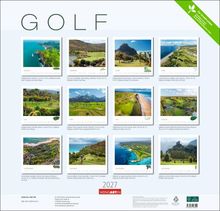 Texte: GOLF, Monate von Januar bis Dezember, 2027. Bilder von Golfplätzen weltweit, darunter Orte wie Frankreich, Spanien, USA.
