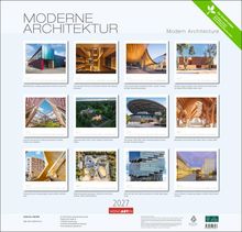 "Moderne Architektur" mit zwölf Bildern von Gebäuden, darunter Bahnhof Altona, Hamburg und Hotel Königshof, München. Jahr 2027.