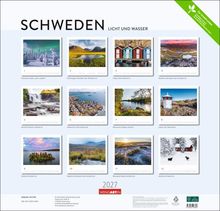Text: Schweden - Licht und Wasser. Bilder von verschneiten Landschaften, Küsten, Seen und Wäldern. Nummerierte Fotokalenderseiten.