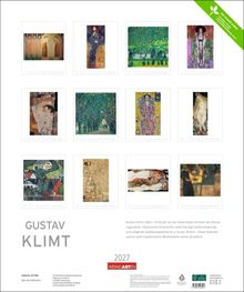 Texte: "GUSTAV KLIMT", „2027“, „Der Umwelt zuliebe“. Illustration von 12 Gemälden von Gustav Klimt in einem Kalenderformat.