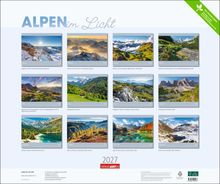 "ALPEN im Licht" zeigt 12 Kalenderbilder der Alpen. Darunter sind Orte wie Zugspitze, Sächsische Schweiz und Kaisergebirge.