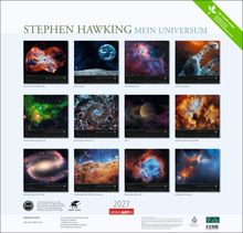 „STEPHEN HAWKING MEIN UNIVERSUM“ text, darunter Bilder von Weltraumobjekten mit Titeln, wie „Planetarischer Nebel (NGC 246)“.