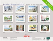 "Zwischen Himmel und Erde" zeigt zwölf Aquarelle von Landschaften und Szenen, darunter Winterwald und Blumen.