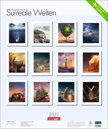 "Surreale Welten" von Natacha Einat. Zwölf fantasievolle Illustrationen eines Kalenders für 2027 mit fantastischen Motiven.
