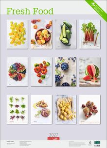 Text: "Fresh Food", Monate von Januar bis Dezember, "2027". Zeigt verschiedene Früchte und Gemüse passend zu jedem Monat.