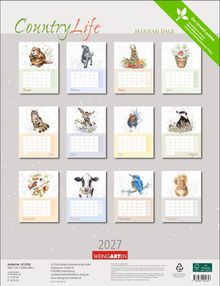 „Country Life“, „2027“, „Januar“ bis „Dezember“. Kalenderillustrationen mit Tieren und Pflanzen für jeden Monat.