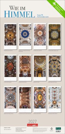 "WIE IM HIMMEL" oben. Namen und Orte von Kirchen unter Bildern. Kalender für 2027 mit Innenansichten von Kirchen.