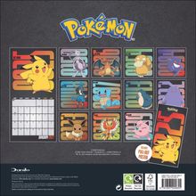 "Pokémon" oben, Januar 2024 Kalender mit Pikachu, 12 Pokémon-Bilder, Poster-Hinweis; farbenfrohe, fröhliche Gestaltung.