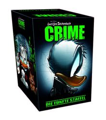 Text: "CRIME" und "Die fünfte Staffel" in leuchtendem Grün. Duck-Profil in dunklen Tönen, Detektiv-Stil.