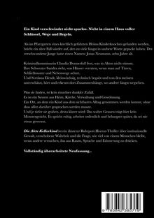 Text über einen vermissten Jungen und Ermittlungen in einem düsteren Thriller. Titel: "Die Akte Kellerkind".