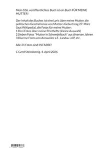 Texte beschreiben Inhalt und Fotos des 106. Buchs des Autors für seine Mutter, mit farbigen Bildern und Veröffentlichungsdatum.