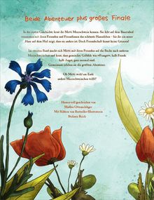 "Beide Abenteuer plus großes Finale" ist der Titel. Illustration mit blauen und roten Blumen auf einem hellen Hintergrund.