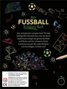 "Mein Fussball Kritzelkratz-Buch" steht im Zentrum. Umgeben von bunten Zeichnungen eines Balls, Schiedsrichters und Kindern.