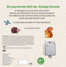 "Die spannende Welt der Waldgeräusche" mit Anweisungen zum Drücken auf Tiere für Geräusche. Illustration von Jo Partis. Ein Schalter.