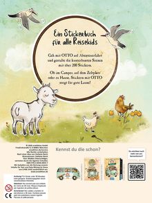 Ein Stickerbuch für alle Reisekids. Illustration: fröhliche Tiere und ein Camper in einer grünen Landschaft.