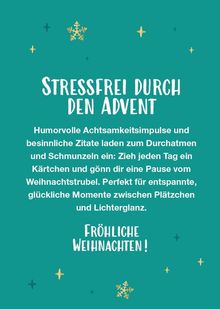 "Stressfrei durch den Advent. Humorvolle Achtsamkeitsimpulse… Fröhliche Weihnachten!" Grüner Hintergrund, goldene Schneeflocken.