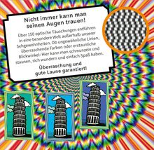 Text sagt: "Nicht immer kann man seinen Augen trauen!" Hintergrund hat bunte, psychedelische Muster mit schiefen Turm-Illustrationen.