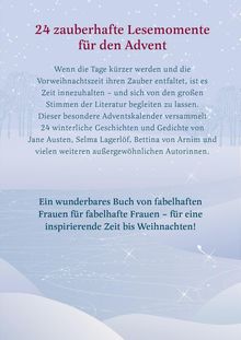 24 zauberhafte Lesemomente für den Advent; winterliche Landschaft mit Schneeflocken, Bäumen und funkelnden Sternen.