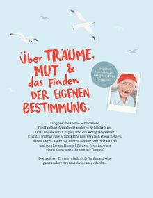 "Über Träume, Mut & das Finden der eigenen Bestimmung". Illustration: Möwen, ein Mann mit roter Mütze auf hellem Hintergrund.