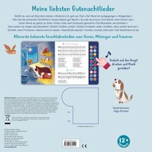 "Meine liebsten Gutenachtlieder" oben, "Einfach auf den Knopf drücken und Musik genießen!" daneben; Illustration von Tieren.