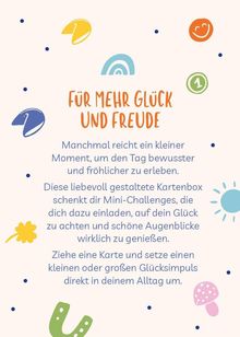 "Für mehr Glück und Freude" in orange. Bunte Symbole: Regenbogen, Sonne, lächelnder Smiley, Blätter, Blume und Punkte.