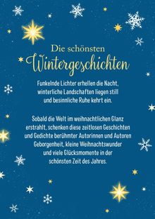 Text auf blauem Hintergrund: "Die schönsten Wintergeschichten". Schneeflocken und Sterne im Design.