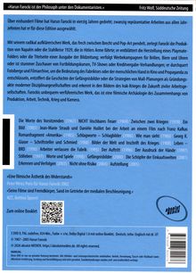 Zitat von Fritz Wolf über Harun Farocki. Liste von DVDs und deren Titel, QR-Code, blaue Hintergrundfarbe.